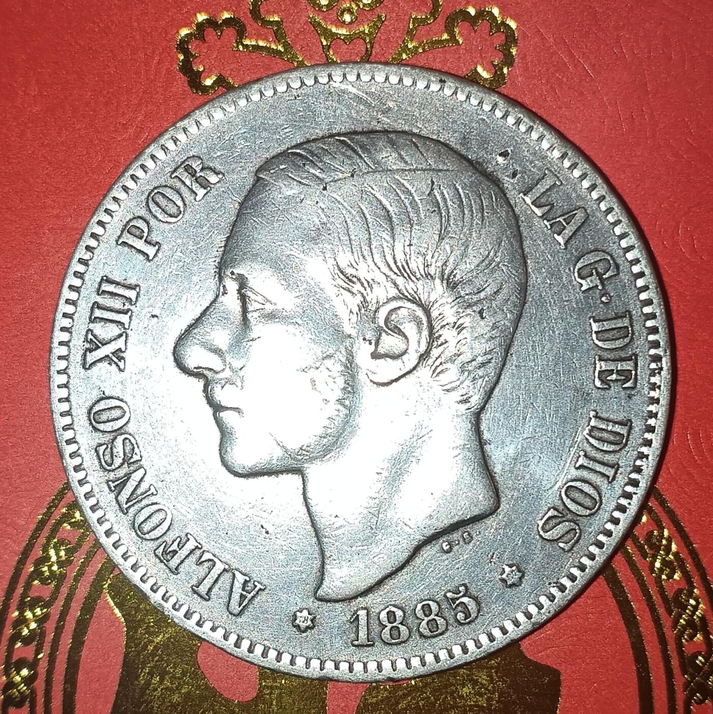 Lot.5-1885年西班牙阿方索十二世5比塞塔双柱银币24.78克