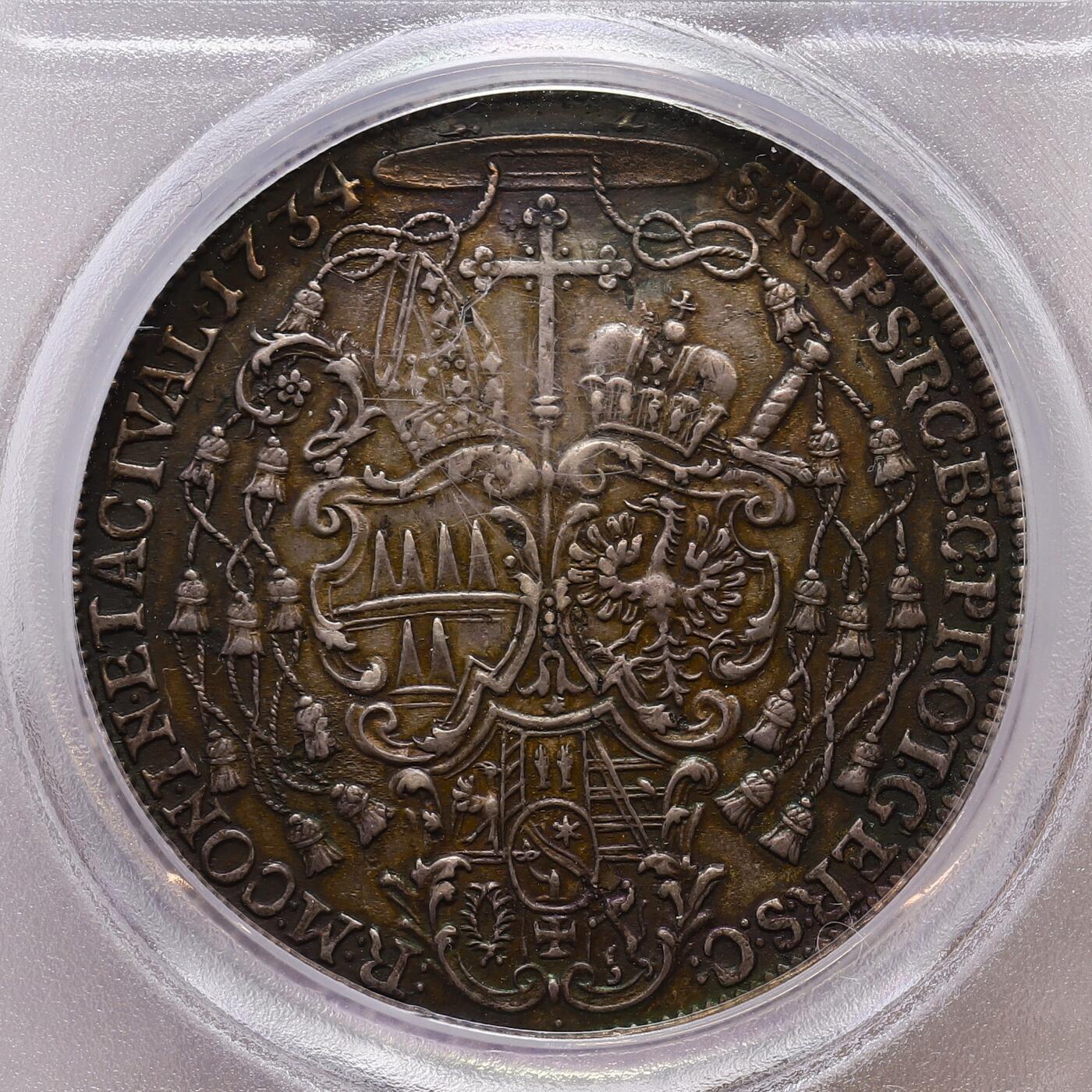 观钱 近现代机制币拍卖No.007（全场顺丰包邮，不区分偏远地区）   1734 年奥地利奥尔米茨教区泰勒银币（PCGS XF Detail mount removed）罕见品种，PCGS加厚盒