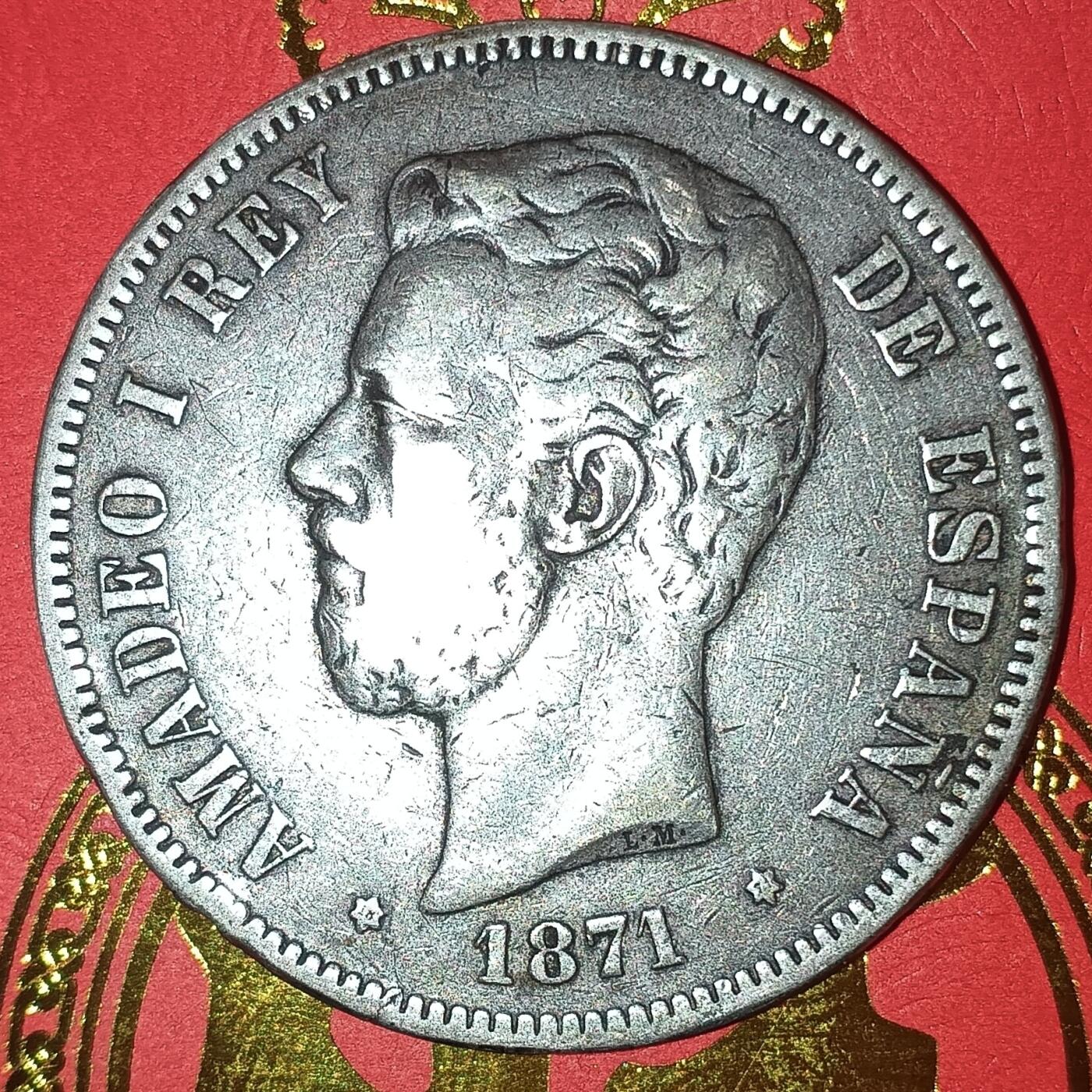 Lot.10-1871年西班牙阿玛迪奥一世5比塞塔双柱银币24.99克