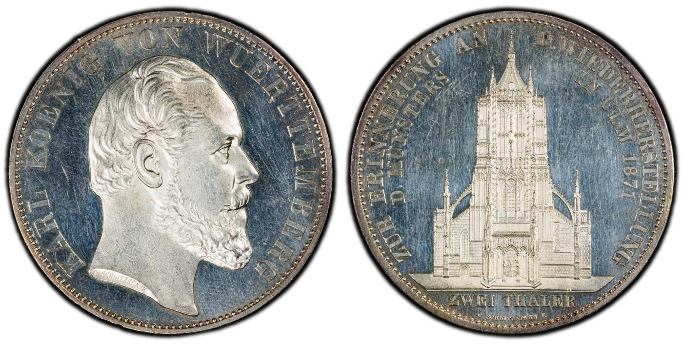 万国钱币拍卖第064期 PCGS PR61CAM 1871年德国符腾堡乌尔姆大教堂2泰勒 德系2泰勒大名誉品种 德意志精工细作的代表 精制深度镜面底板和满喷砂的人像与教堂形成强烈反差 无疑是一种视觉享受 难得CAM收藏级品质  