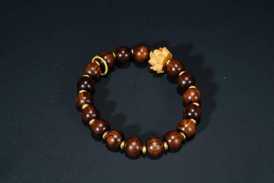 上海都达杂项专场六十八【全场包邮】 海南黄花梨虎皮纹灯笼珠莲花手串 附鉴定证书95-290