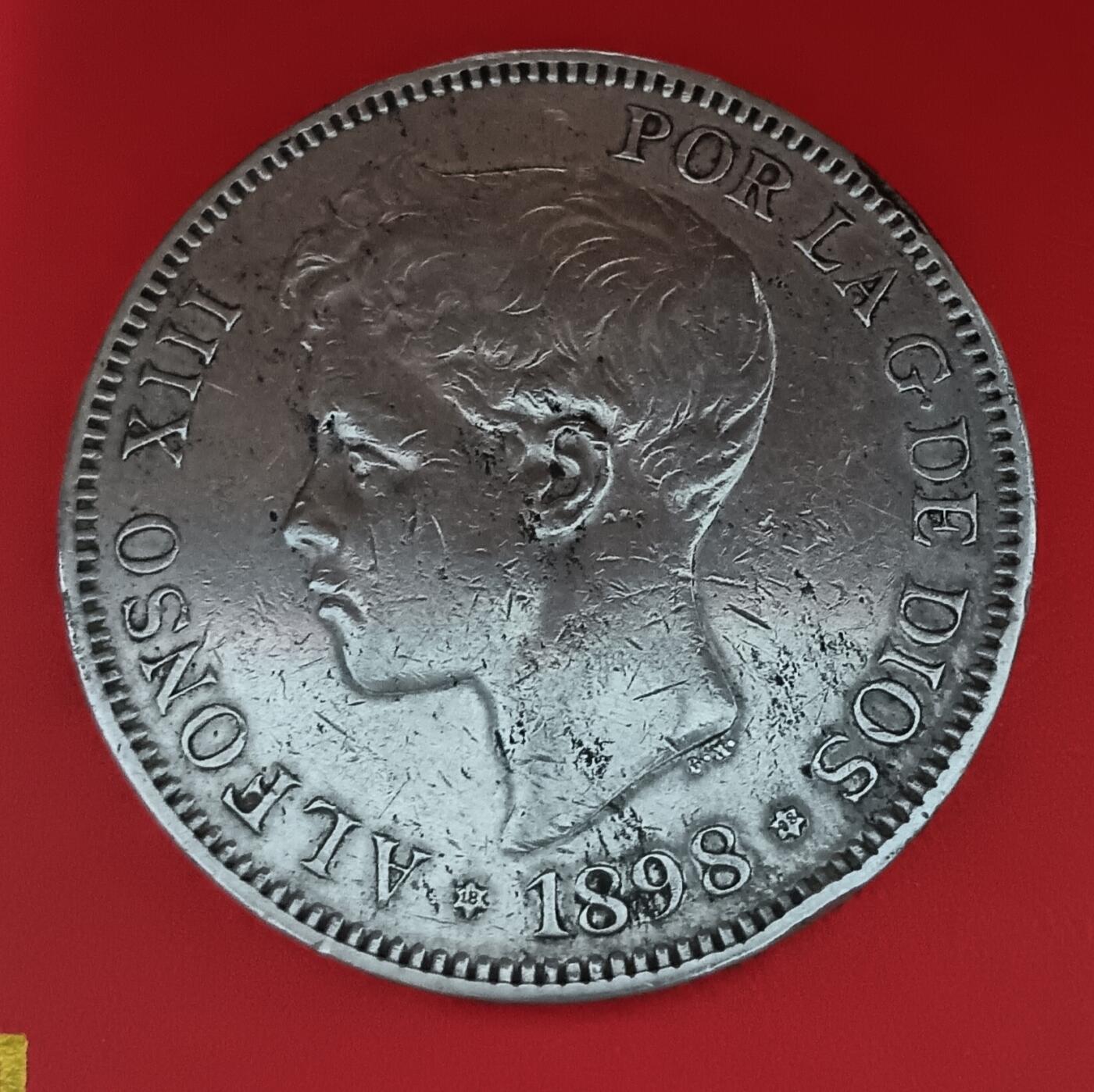 Lot.4-1898年西班牙阿方索十三世5比塞塔双柱银币25克