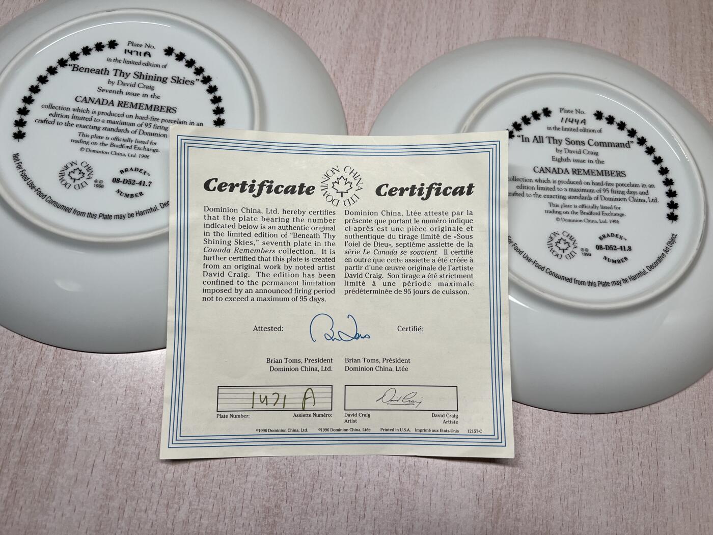 大猫徽章拍卖 第291期 加拿大二战国家保卫者纪念瓷盘，全球限量，带原版签名证书。