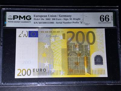 叁拾收藏第35期 - 欧洲2002年200元PMG66  三签（X冠，德国，尾号1966，全程无4）