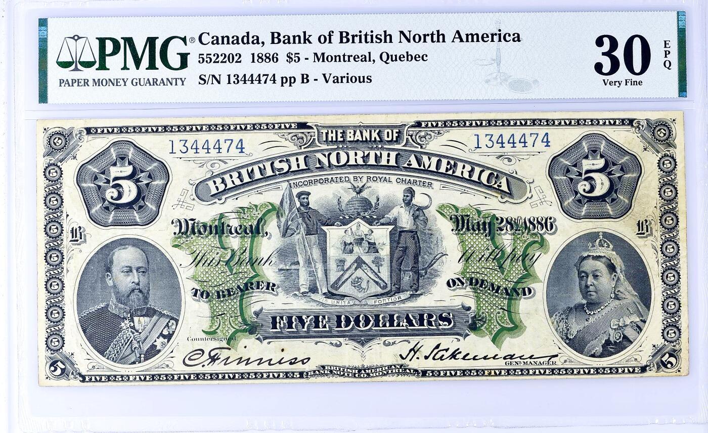 【Blue Auction】世界纸币精拍第806期——18级TOP拍卖/信誉/品质/专业/高效💫 【仅1张更高分 带E难得 140年前大珍纸币】加拿大 1886年5元 PMG30EPQ 原票罕见 超大票幅 右侧维多利亚女王经典的高冠造型 左侧其儿子威尔士亲王后来的爱德华七世 人像雕刻精美传神 经典绿背美钞风 （13年前另一张同分的拍了2530美金，如今时过境迁实难遇到，价格涨幅很大）