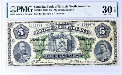 【Blue Auction】世界纸币精拍第806期——18级TOP拍卖/信誉/品质/专业/高效💫 - 【仅1张更高分 带E难得 140年前大珍纸币】加拿大 1886年5元 PMG30EPQ 原票罕见 超大票幅 右侧维多利亚女王经典的高冠造型 左侧其儿子威尔士亲王后来的爱德华七世 人像雕刻精美传神 经典绿背美钞风 （13年前另一张同分的拍了2530美金，如今时过境迁实难遇到，价格涨幅很大）