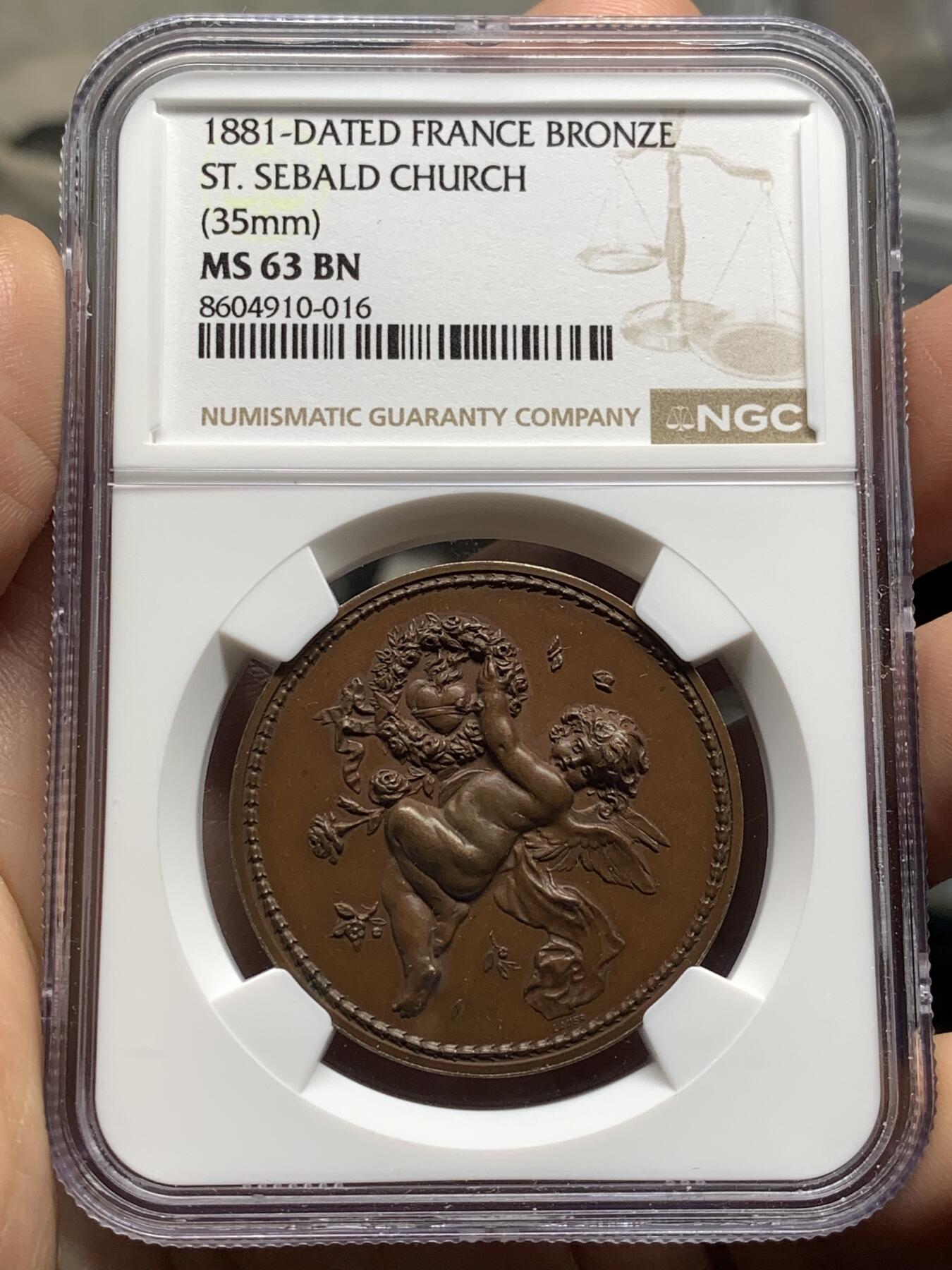 《竞宝斋》第478场 周日，周一 2场连拍 （全场包邮）欢迎送拍 NGC MS63BN 法国婚礼纪念章，首见款，正面：手持花环的小天使浮雕，代表着幸福与祝福