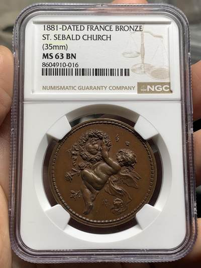 《竞宝斋》第478场 周日，周一 2场连拍 （全场包邮）欢迎送拍 - NGC MS63BN 法国婚礼纪念章，首见款，正面：手持花环的小天使浮雕，代表着幸福与祝福