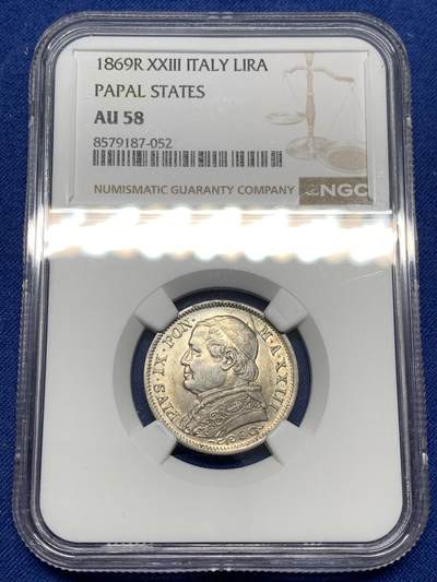 《竞宝斋》第478场 周日，周一 2场连拍 （全场包邮）欢迎送拍 - NGC AU58 教皇国1869年教皇庇护九世里拉银币，原光状态好，没有MS可惜了