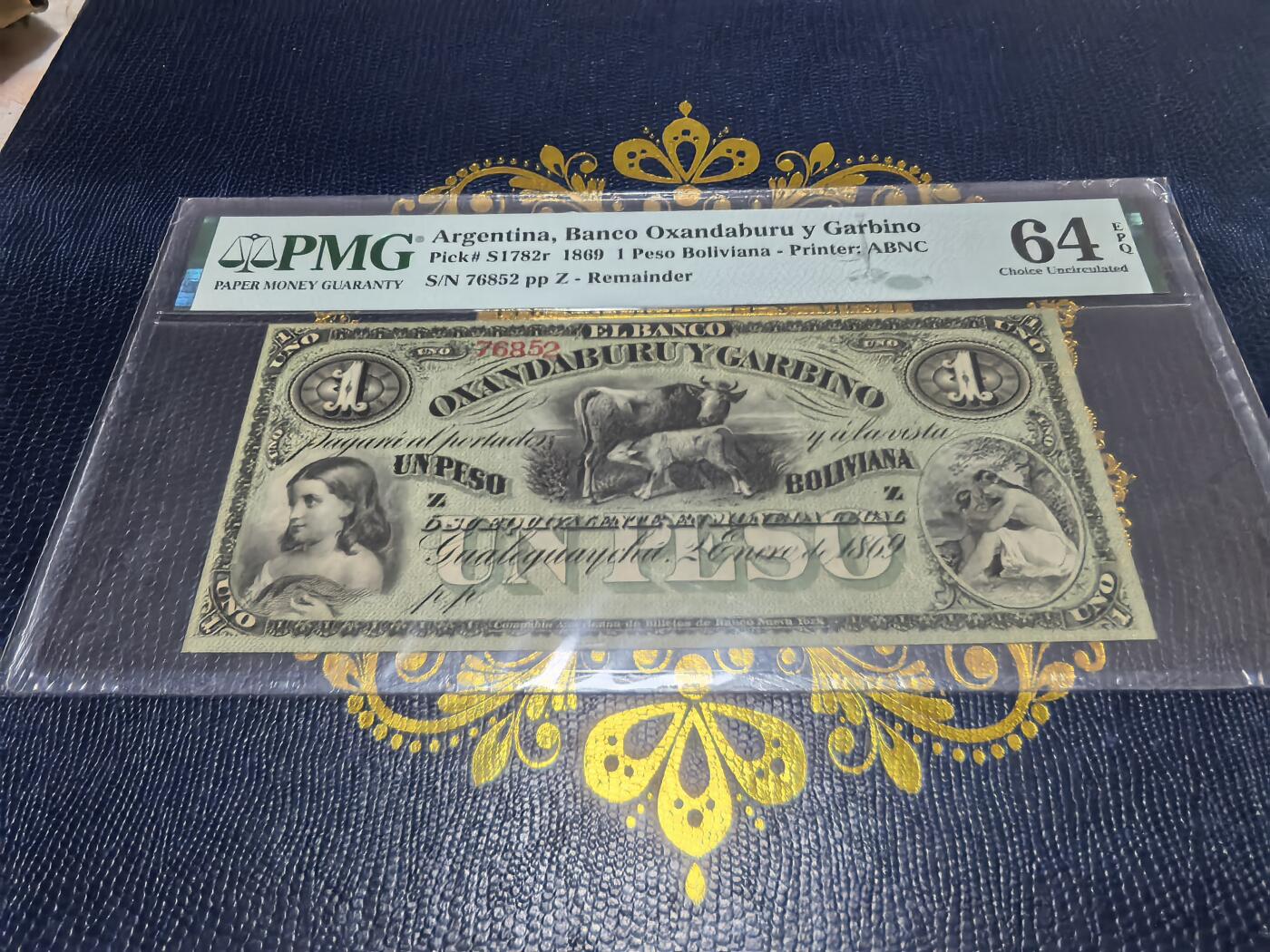 长老汇马年精选第十六场拍卖 1869阿根廷1比索单面纸钞，PMG 64，季军，更高7枚，百年纸钞，ebay同分3400多元