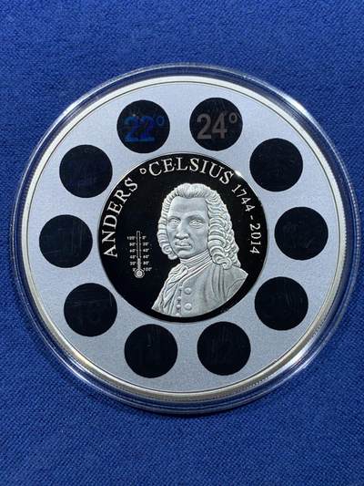 《竞宝斋》第478场 周日，周一 2场连拍 （全场包邮）欢迎送拍 - 库克2014年5元精制温感银币 ‌摄氏温标270年-安德斯·摄尔修斯（摄氏温标的创立者，瑞典物理学家、天文学家） 1盎司925银 发行量1744枚 盒证全
