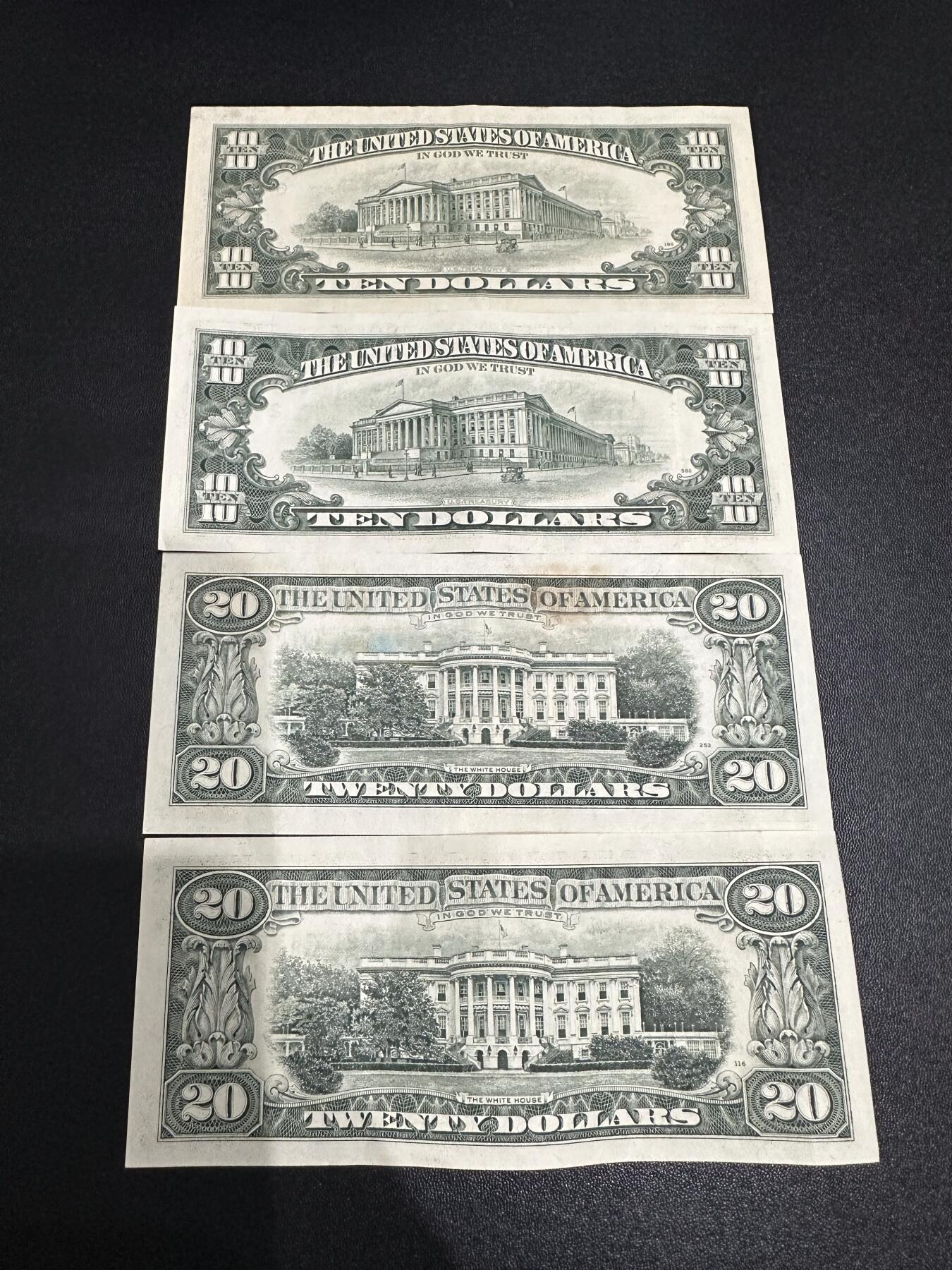 《外钞收藏家》第六百二十四期（精品场）（长期征集拍品、欢迎藏友们联系合作） 美国小头版10和20美元 4张一起 非全新 品相如图