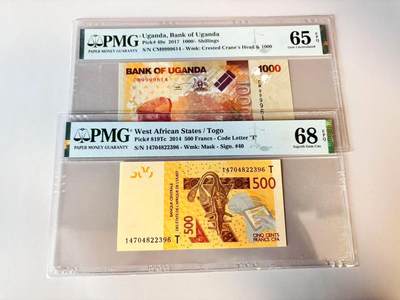 【Blue Auction】世界纸币精拍第806期——18级TOP拍卖/信誉/品质/专业/高效💫 - 【一组2张】西非共同体 2014年500法郎 PMG68EPQ 高分&乌干达 2017年1000先令 PMG65EPQ
