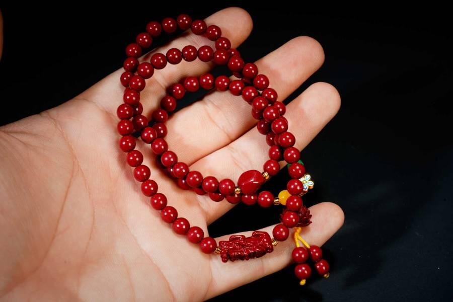 上海都达杂项专场六十八【全场包邮】 天然朱砂0.6圆珠多圈莲花吊坠手串95-258