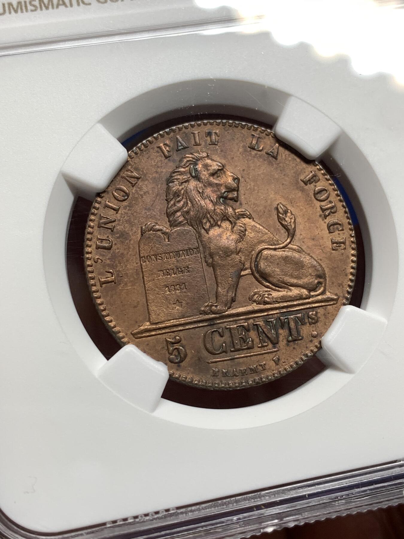 《竞宝斋》第478场 周日，周一 2场连拍 （全场包邮）欢迎送拍 NGC UNCD 比利时1856年五分铜币，铜光饱满，状态漂亮，比利时早期的大铜币十分难得