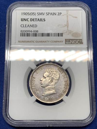 《竞宝斋》第478场 周日，周一 2场连拍 （全场包邮）欢迎送拍 - NGC UNCD 西班牙1905年阿方索十三世2比塞塔银币