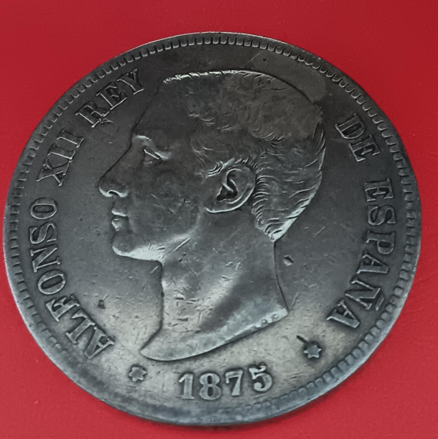 Lot.6-1875年西班牙阿方索十二世5比塞塔双柱银币24.68克