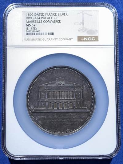 《竞宝斋》第478场 周日，周一 2场连拍 （全场包邮）欢迎送拍 - NGC MS62 名家乌迪内作 1860年马赛商业宫殿落成典礼纪念原铸大银章 蜜蜂银标 直径7.4cm 重222.57g 加大加厚盒