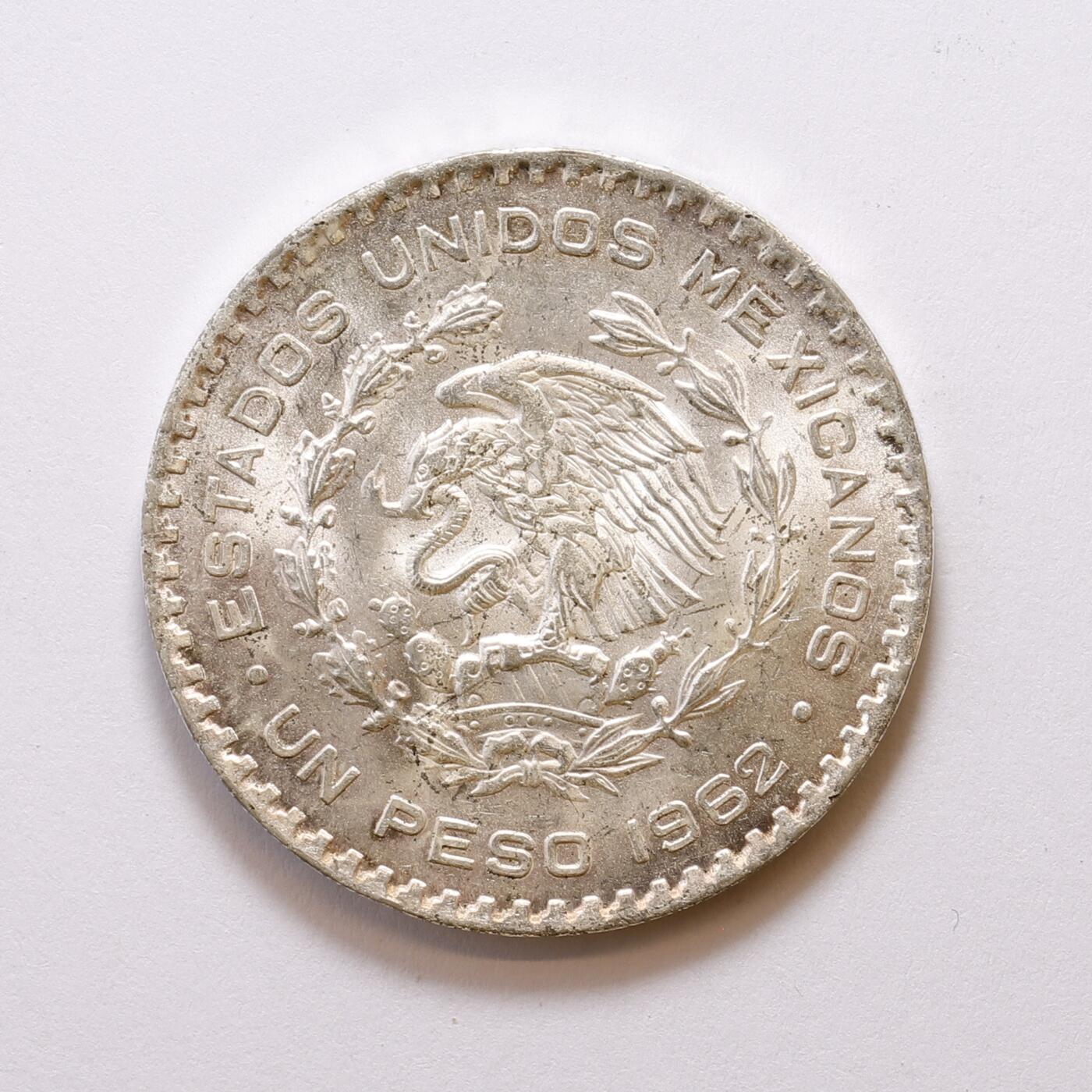 观钱 近现代机制币拍卖No.007（全场顺丰包邮，不区分偏远地区）  1962 年墨西哥莫雷洛斯像 1 比索银币，34.5mm，90% 银15.95g