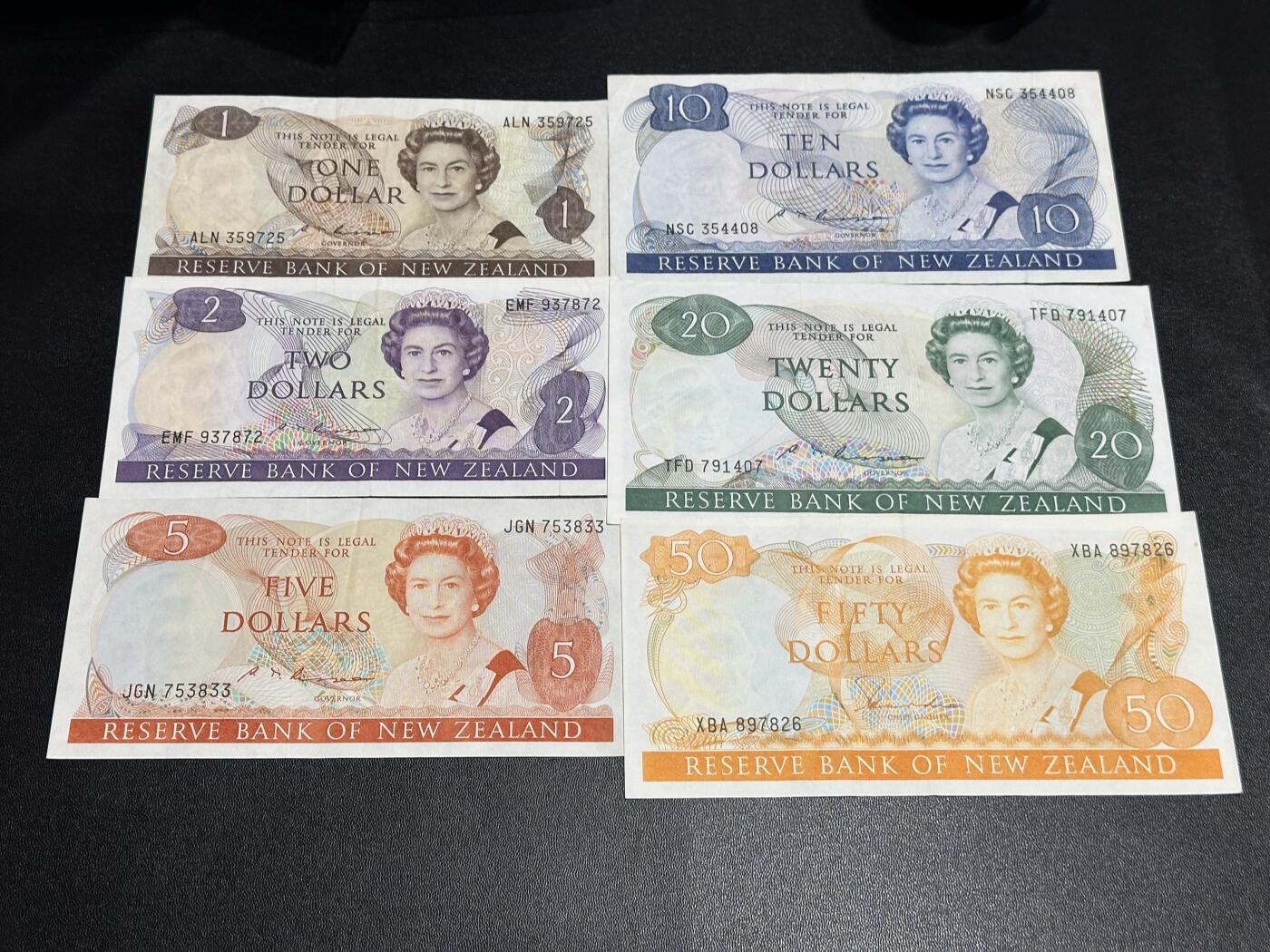 《外钞收藏家》第六百二十四期（精品场）（长期征集拍品、欢迎藏友们联系合作） 新西兰女王纸钞版1-50元 六张一起 非全新 品相如图