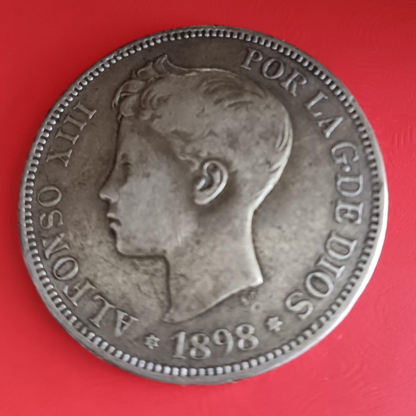 Lot.3-1898年西班牙阿方索十三世5比塞塔双柱银币24.78克