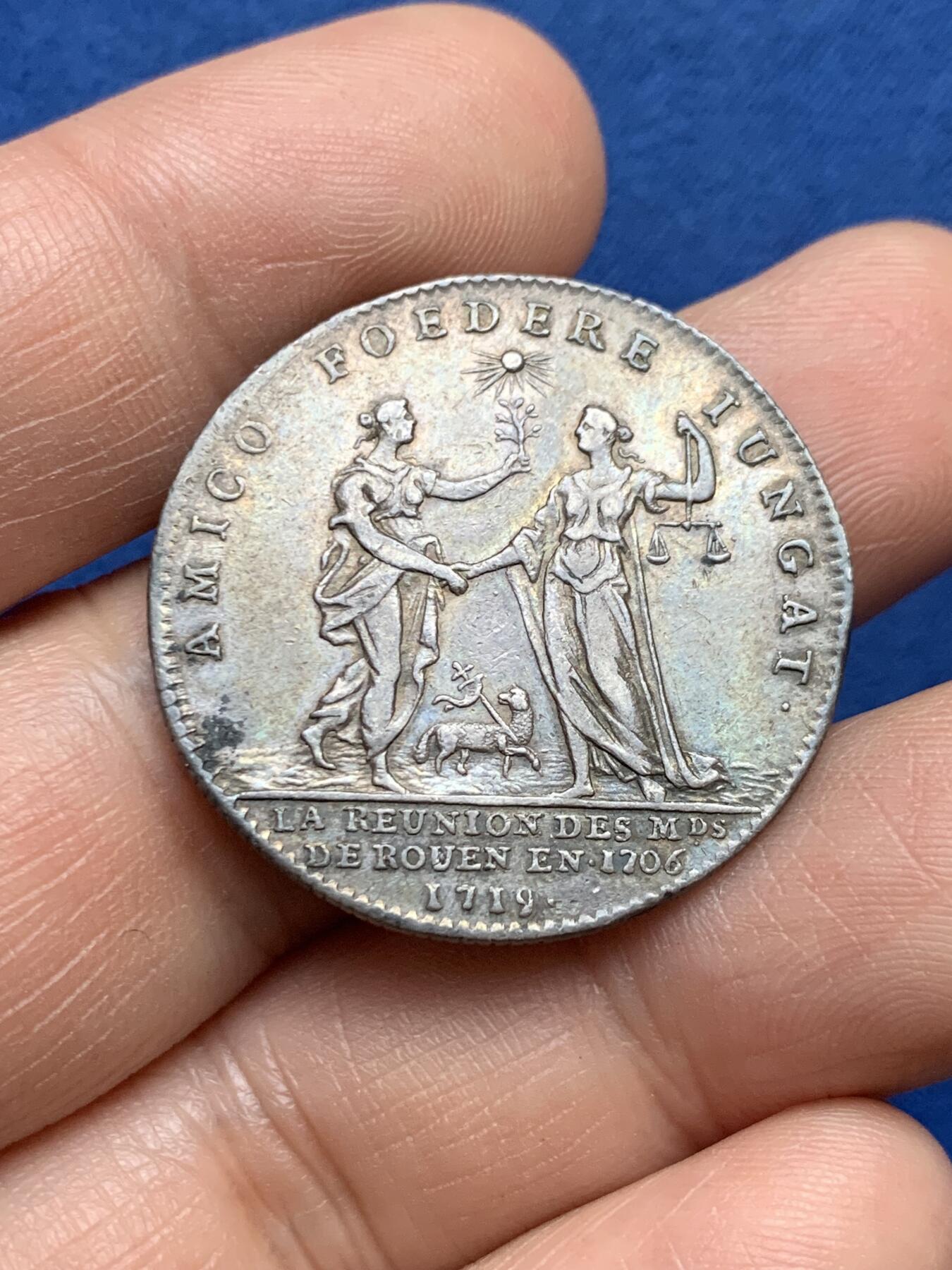 《竞宝斋》第478场 周日，周一 2场连拍 （全场包邮）欢迎送拍 法国鲁昂商会银质代币，9.87g，30.6mm