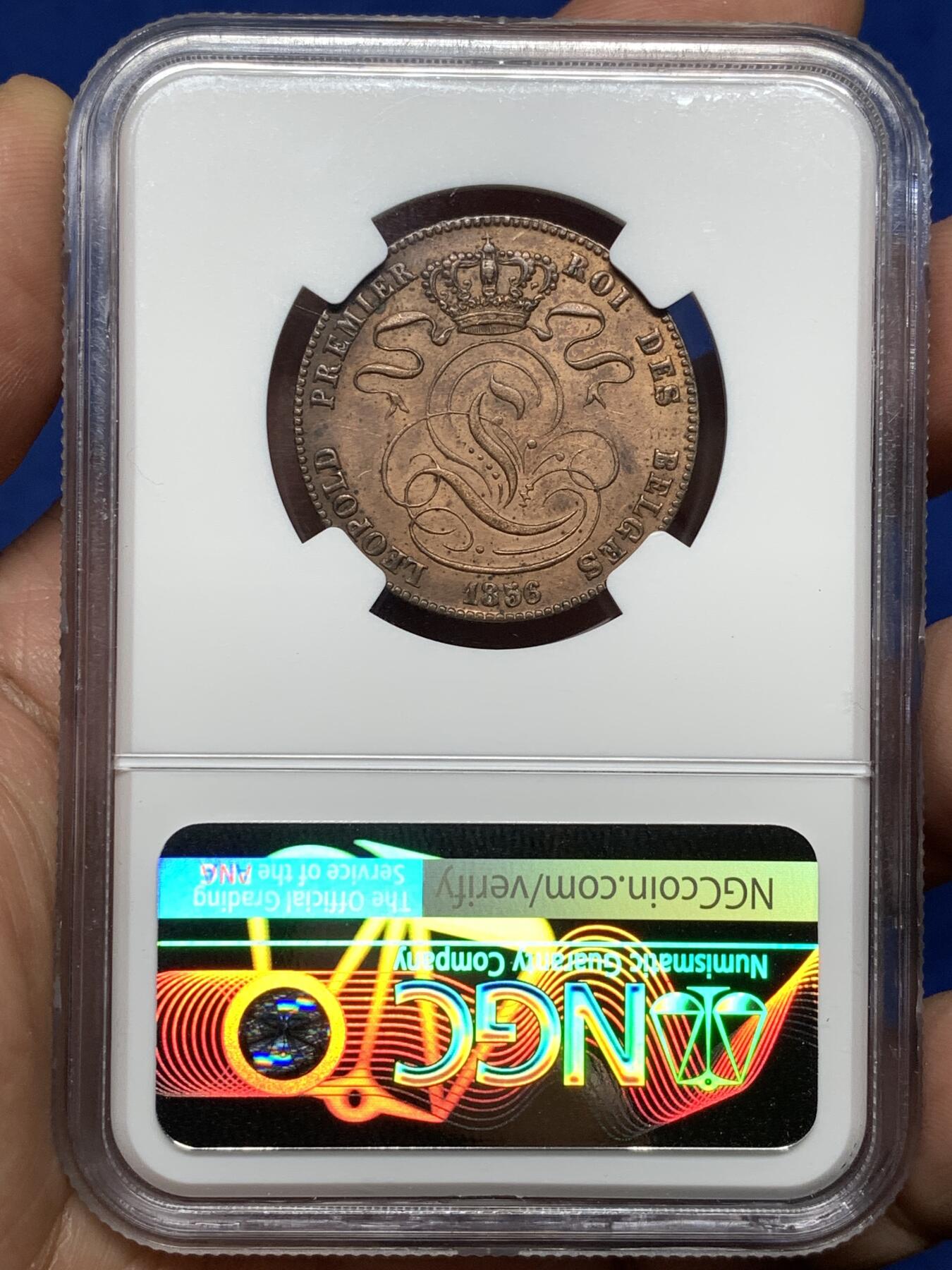 《竞宝斋》第478场 周日，周一 2场连拍 （全场包邮）欢迎送拍 NGC UNCD 比利时1856年五分铜币，铜光饱满，状态漂亮，比利时早期的大铜币十分难得