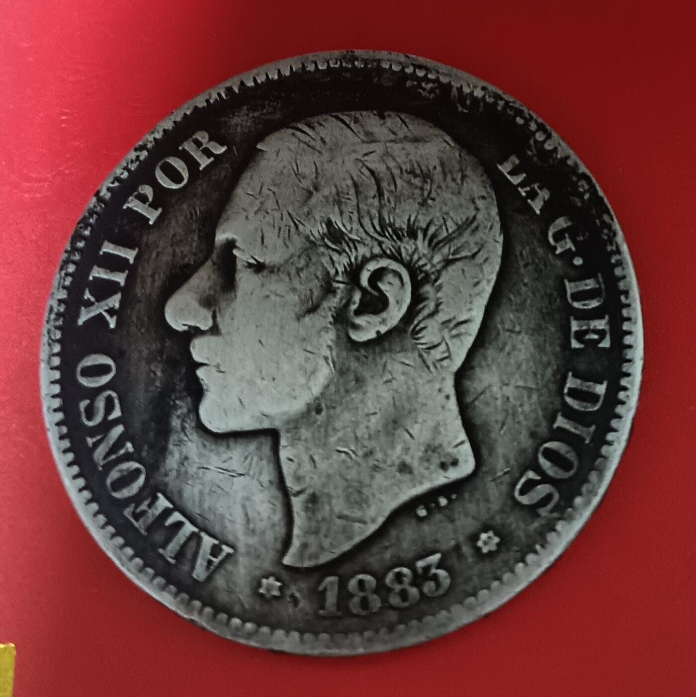 Lot.8-1883年西班牙阿方索十二世5比塞塔双柱银币24.76克