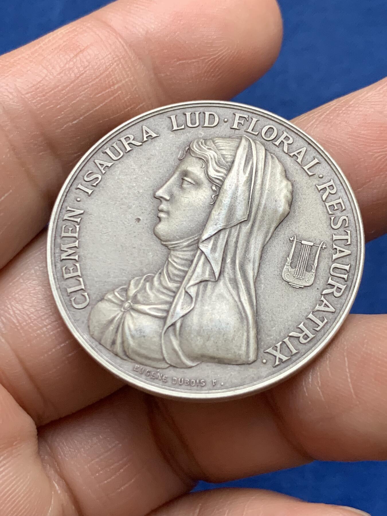 《竞宝斋》第478场 周日，周一 2场连拍 （全场包邮）欢迎送拍 法国1823年图卢兹花卉节银质代币，女诗人克莱蒙·伊索尔，22.7g，35.7mm，丰饶角边铭