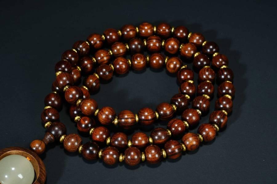 上海都达杂项专场六十八【全场包邮】 海南黄花梨虎皮纹灯笼珠多圈时来运转吊坠手串 附鉴定证书95-293