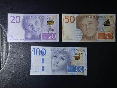 叁拾收藏第35期 - 瑞典新版20/50/100克朗文化名人系列三张 尾号2  UNC