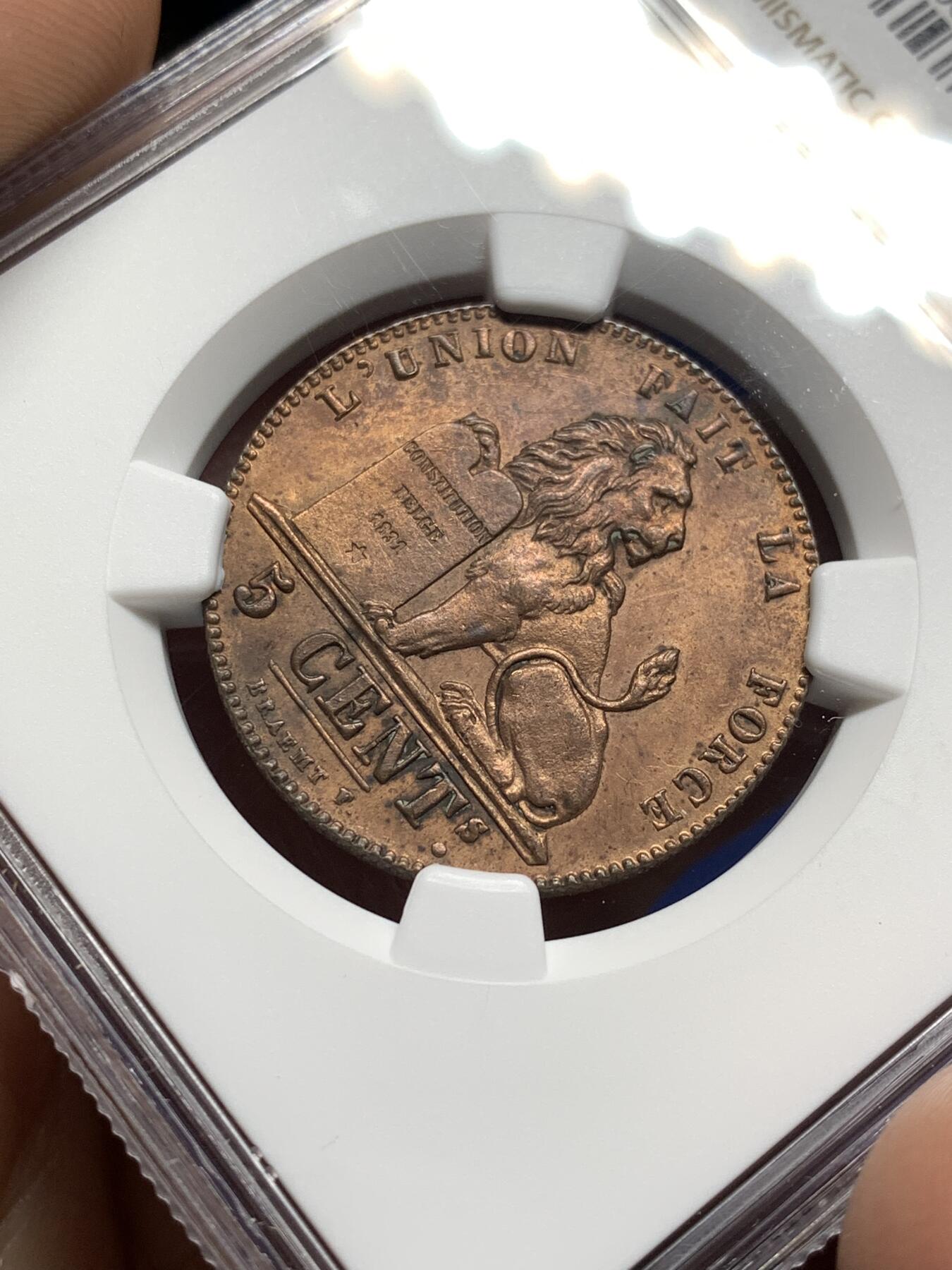 《竞宝斋》第478场 周日，周一 2场连拍 （全场包邮）欢迎送拍 NGC UNCD 比利时1856年五分铜币，铜光饱满，状态漂亮，比利时早期的大铜币十分难得