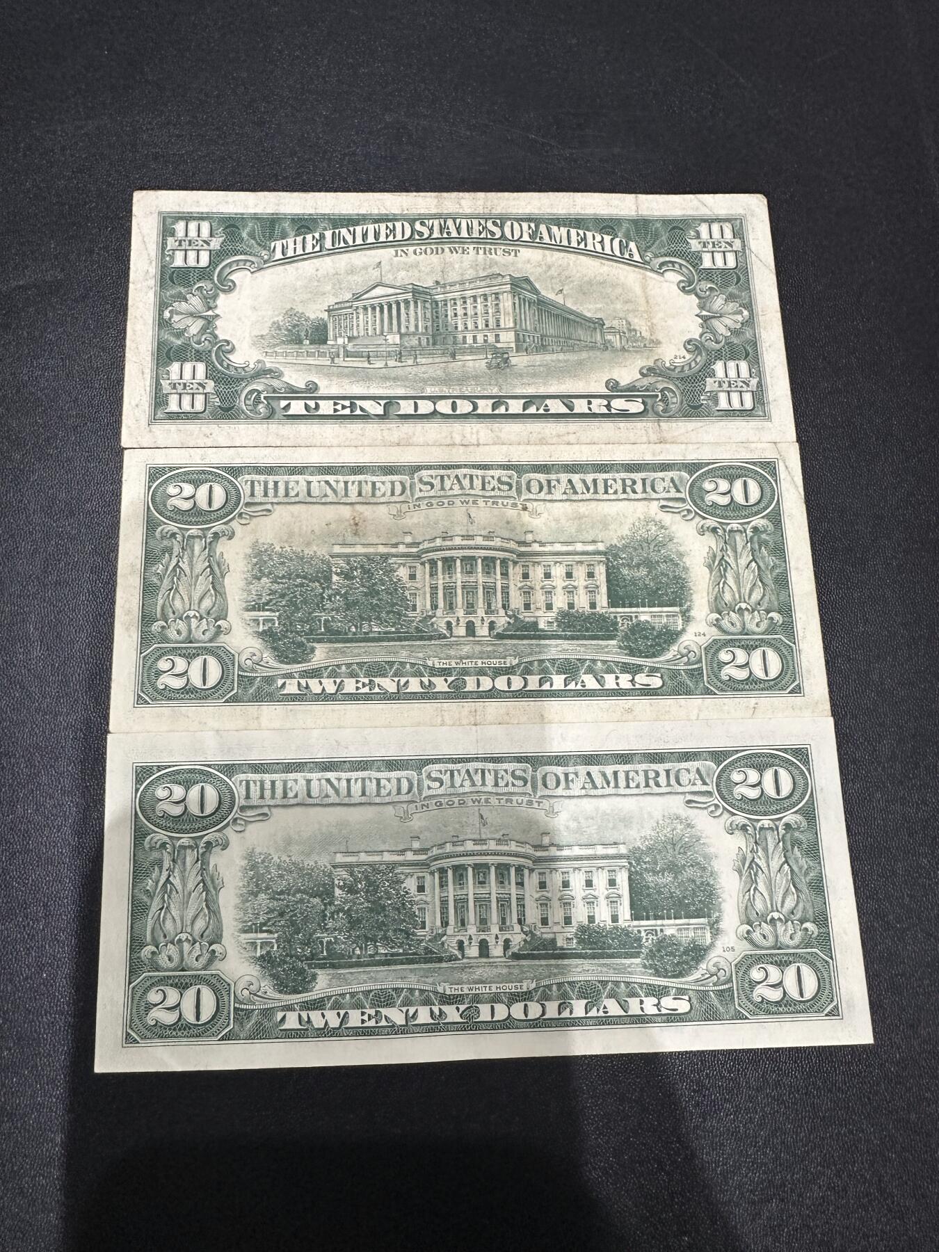 《外钞收藏家》第六百二十四期（精品场）（长期征集拍品、欢迎藏友们联系合作） 美国小头版10和20美元 3张一起 非全新 品相如图