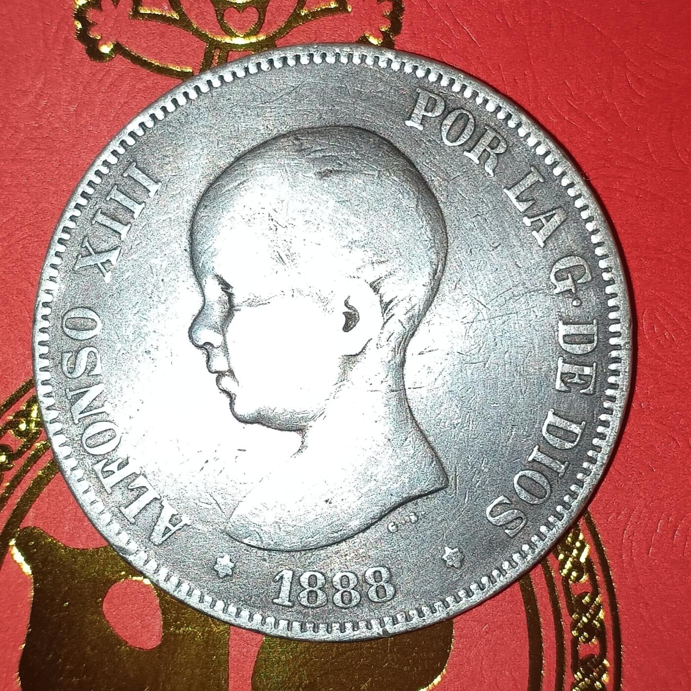 Lot.1-1888年西班牙阿方索十三世娃娃头5比塞塔双柱银币24.61克