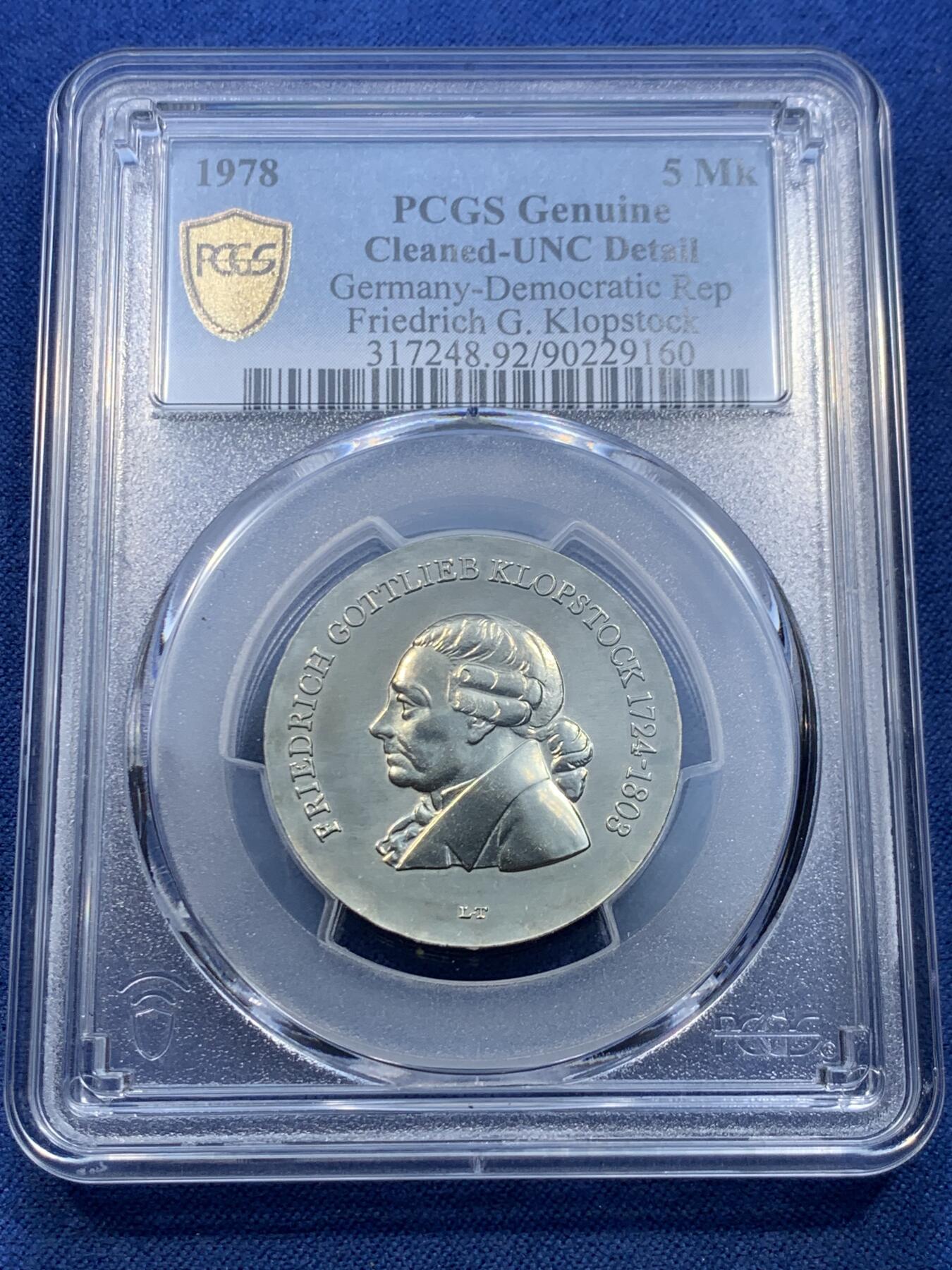 《竞宝斋》第478场 周日，周一 2场连拍 （全场包邮）欢迎送拍 PCGS UNCD 德国东德1978年5马克纪念币 诗人弗里德里希·戈特利布·克洛普斯托克逝世175周年纪念