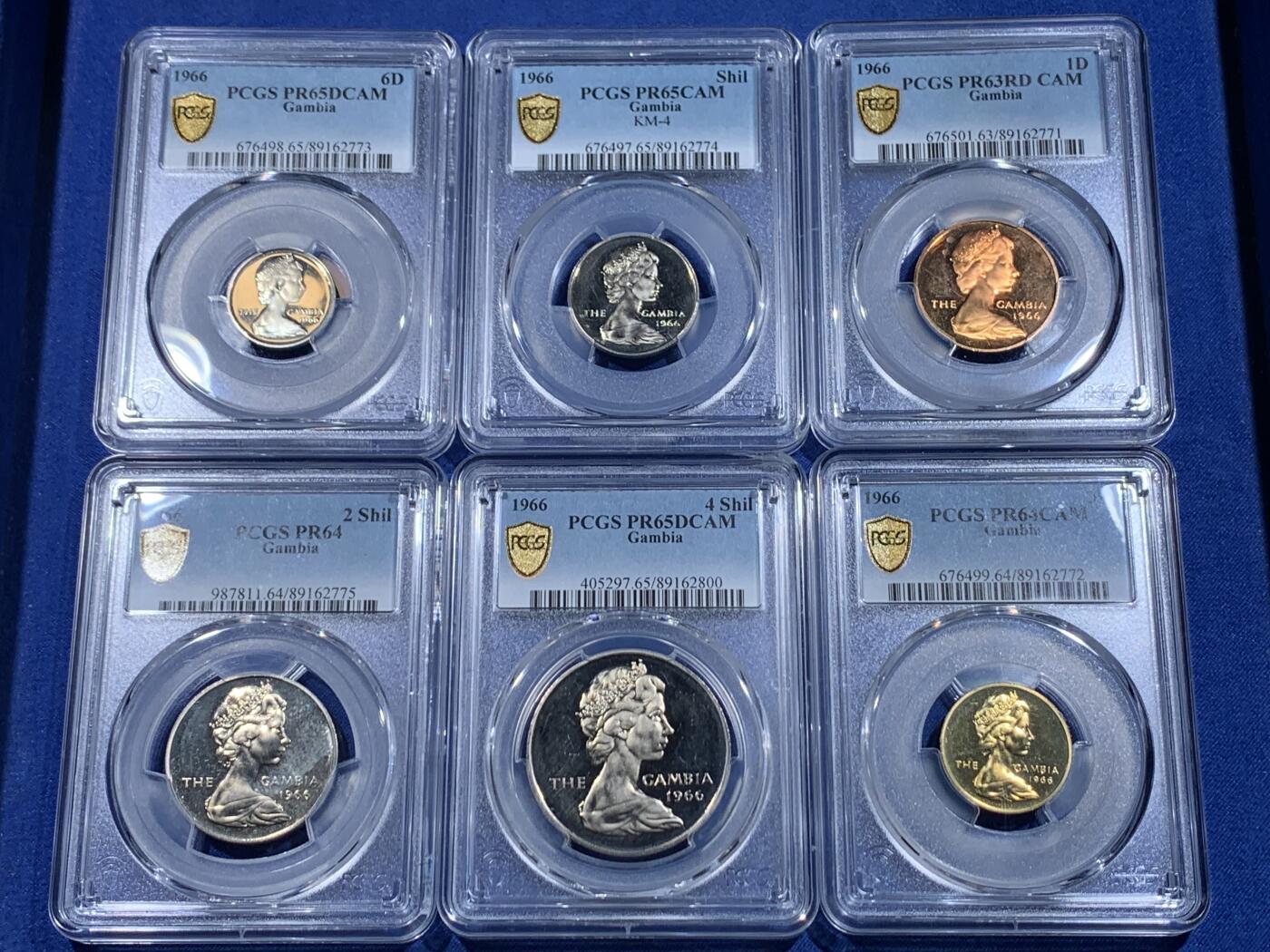 《竞宝斋》第478场 周日，周一 2场连拍 （全场包邮）欢迎送拍 PCGS PR63-PR65 英属冈比亚1966年伊丽莎白女王版精制套币6枚，送PCGS收纳盒1个