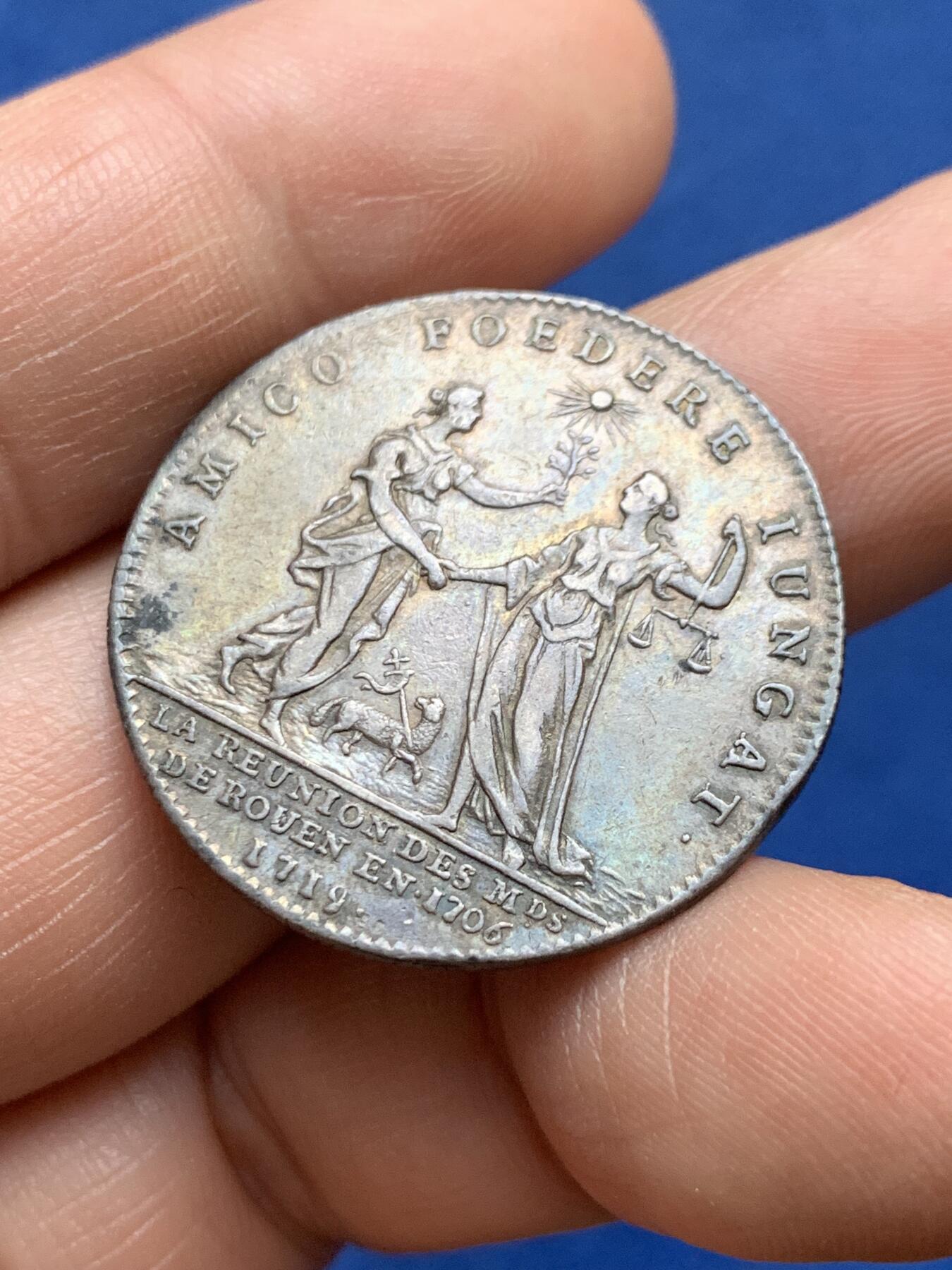 《竞宝斋》第478场 周日，周一 2场连拍 （全场包邮）欢迎送拍 法国鲁昂商会银质代币，9.87g，30.6mm