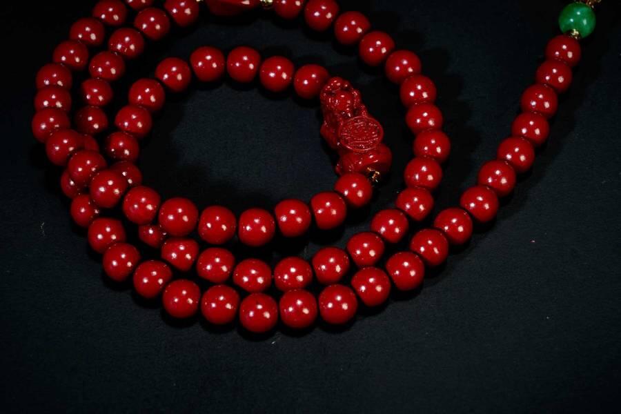 上海都达杂项专场六十八【全场包邮】 天然朱砂0.6圆珠多圈莲花吊坠手串95-258