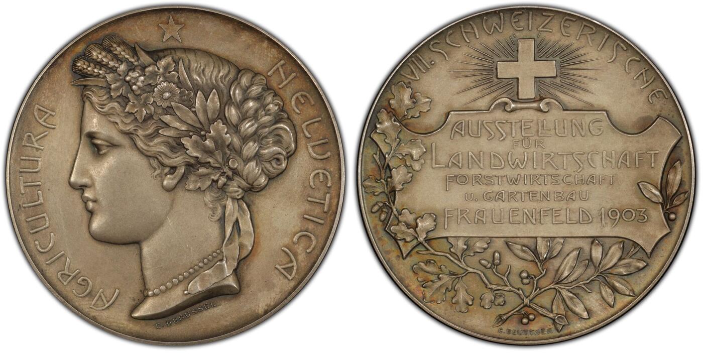 万国钱币拍卖第064期 PCGS SP64 1903年瑞士农业、林业和园艺博览会纪念大银章 罕见瑞士女神花冠侧像 设计饱满精美大规格