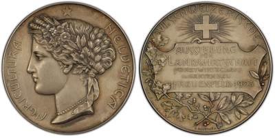万国钱币拍卖第064期 - PCGS SP64 1903年瑞士农业、林业和园艺博览会纪念大银章 罕见瑞士女神花冠侧像 设计饱满精美大规格