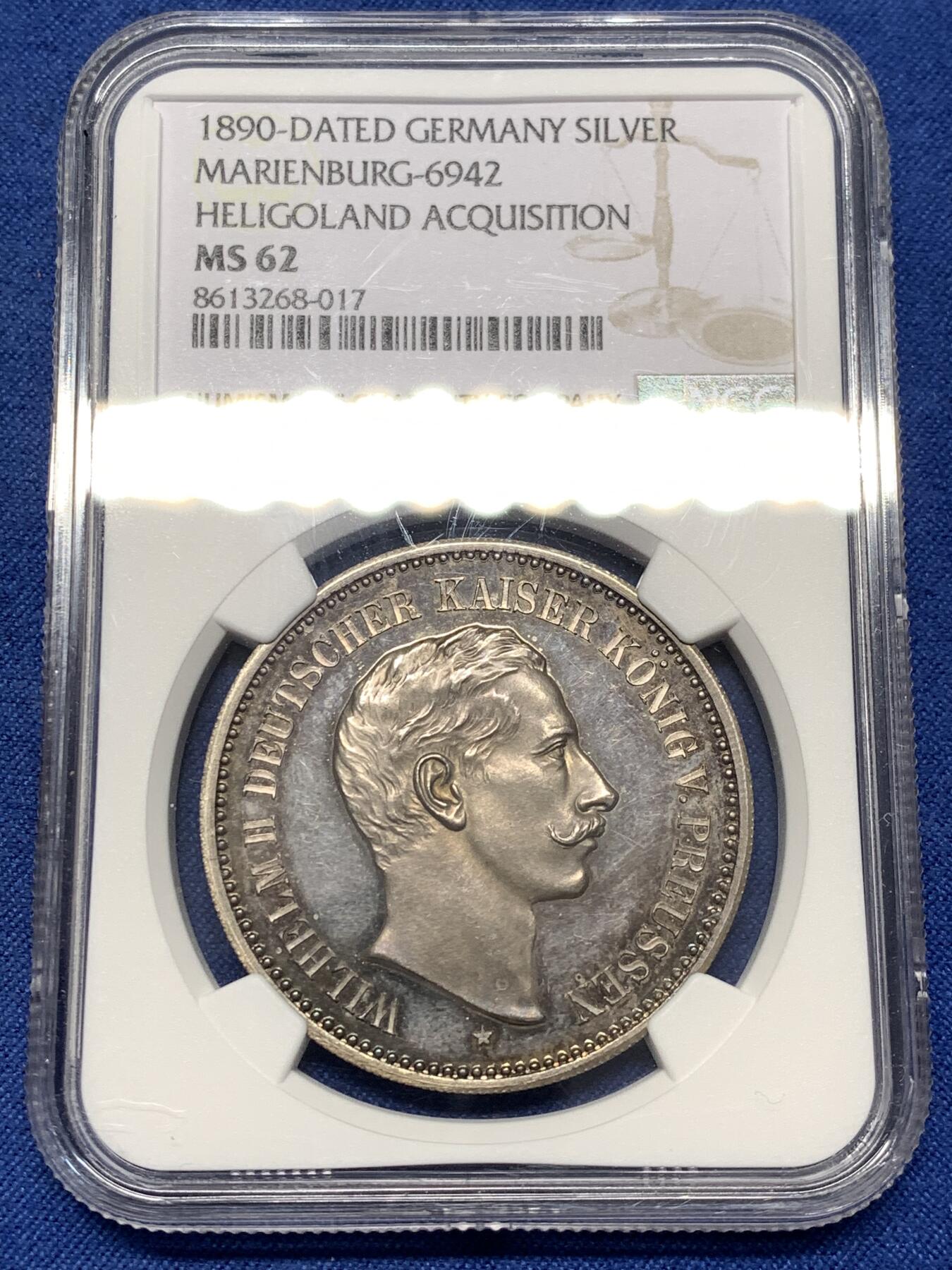 《竞宝斋》第478场 周日，周一 2场连拍 （全场包邮）欢迎送拍 NGC MS62 德国1890赫尔戈兰群岛纳入帝国版图纪念大银章 罕见品种 火烧云五彩镜面喷砂质感 38MM