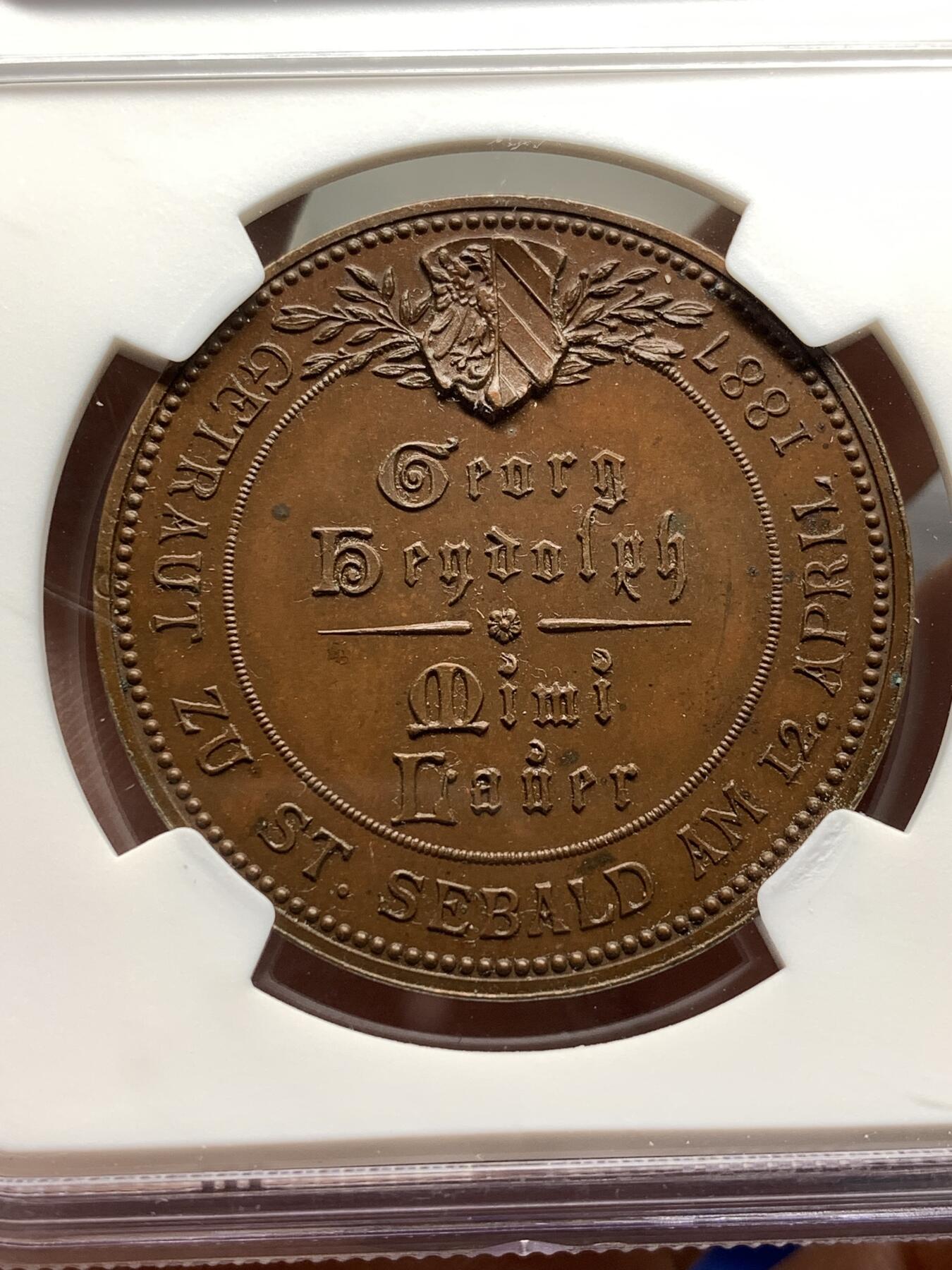 《竞宝斋》第478场 周日，周一 2场连拍 （全场包邮）欢迎送拍 NGC MS63BN 法国婚礼纪念章，首见款，正面：手持花环的小天使浮雕，代表着幸福与祝福