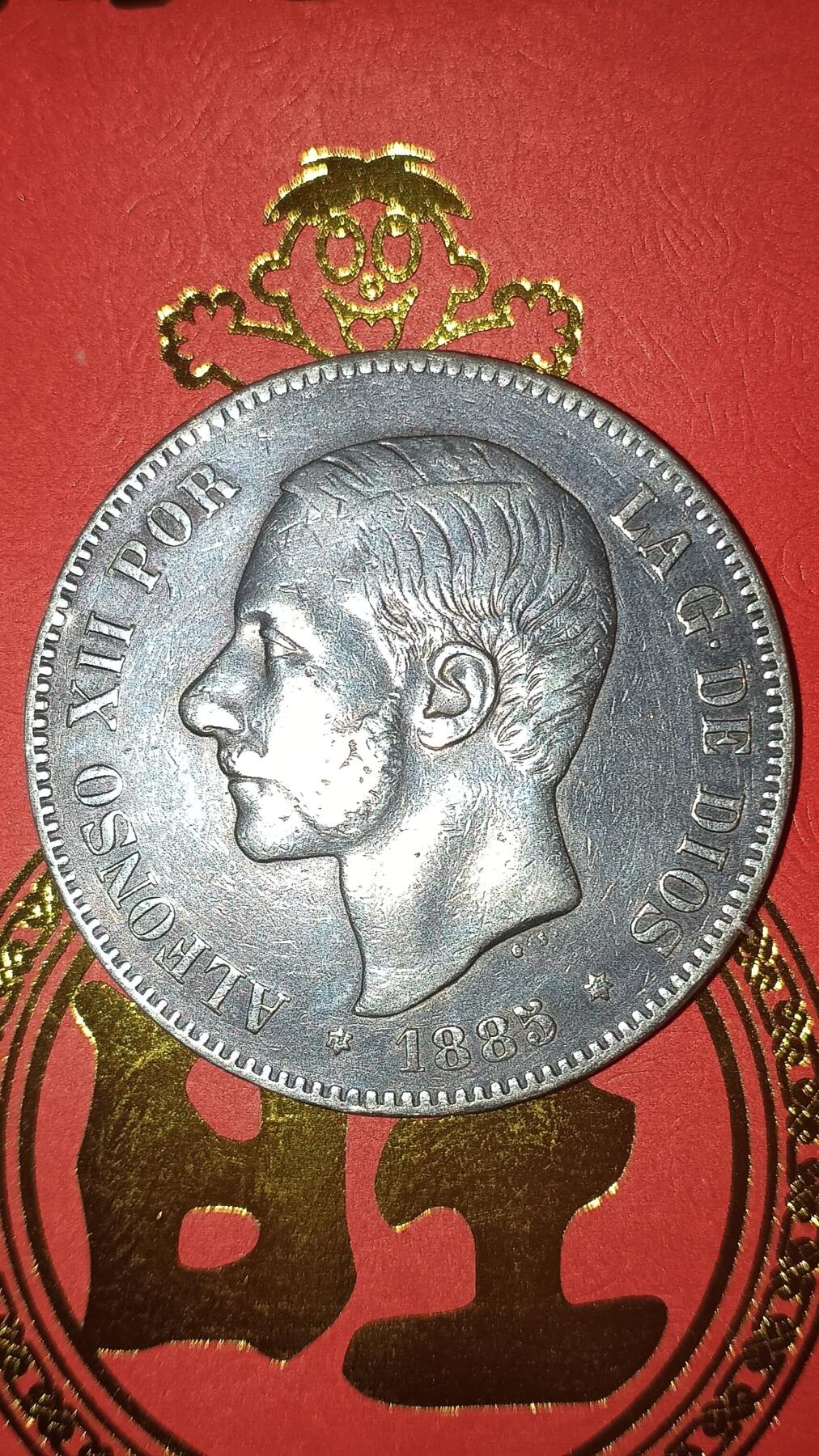 Lot.7-1885年西班牙阿方索十二世5比塞塔双柱银币25克