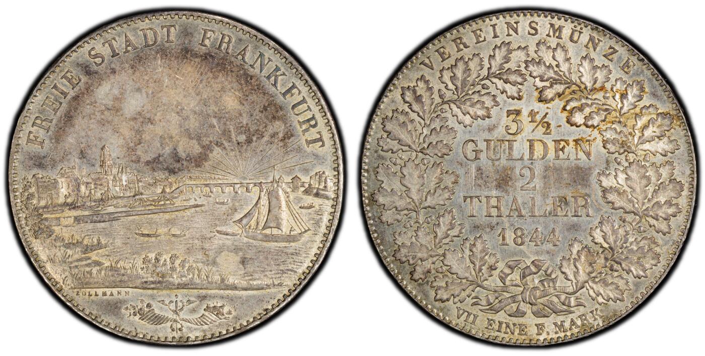 万国钱币拍卖第064期 PCGS MS61 1844年德国法兰克福自由市河景2泰勒 名誉景观2泰勒品种 热度居高不下 同时也是邦国时期唯一一款以景观为题材的2泰勒 厚重欧陆五彩极美 打制极其锋利 河面上的水波纹也毫不马虎 给人以身临其境之感 不容错过的典藏级品质 越来越贵的品种  