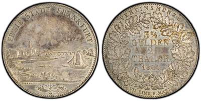 万国钱币拍卖第064期 - PCGS MS61 1844年德国法兰克福自由市河景2泰勒 名誉景观2泰勒品种 热度居高不下 同时也是邦国时期唯一一款以景观为题材的2泰勒 厚重欧陆五彩极美 打制极其锋利 河面上的水波纹也毫不马虎 给人以身临其境之感 不容错过的典藏级品质 越来越贵的品种  