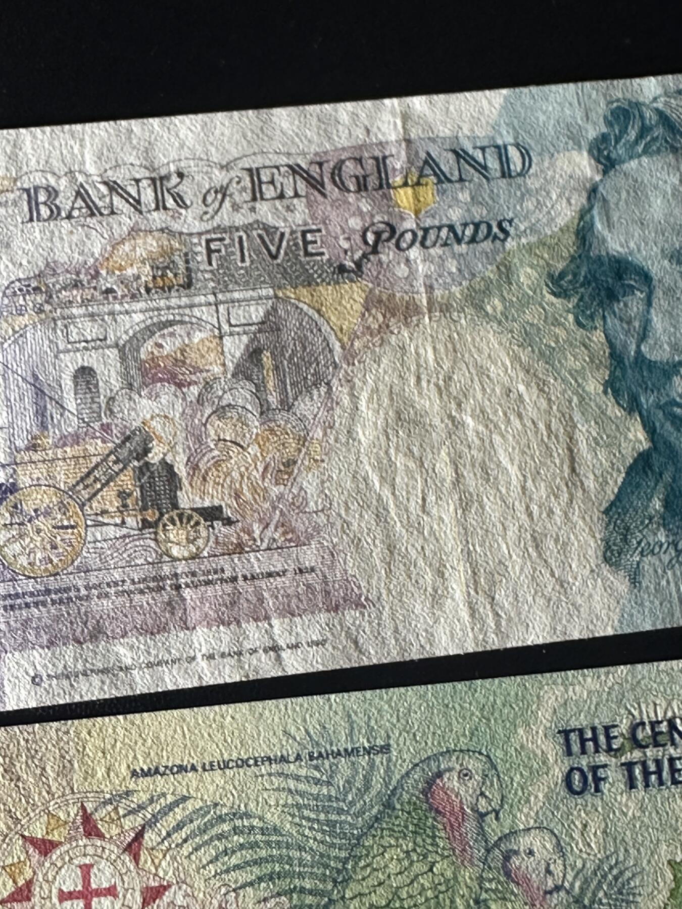 《外钞收藏家》第六百二十四期（精品场）（长期征集拍品、欢迎藏友们联系合作） 苏格兰、英国、德国、巴哈马、伯利兹 五张一起 英国E序列5镑AU品相 其他全新