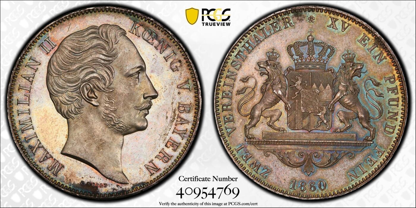 万国钱币拍卖第064期 PCGS MS62 1860年德国巴伐利亚马克西米利安二世双狮流通2泰勒 马二高难年份 仅两年发行 即便通货也不太常见的品种 原味孔雀绿彩极美 2t大名誉品路二双狮同款纹章 PCGS季军分