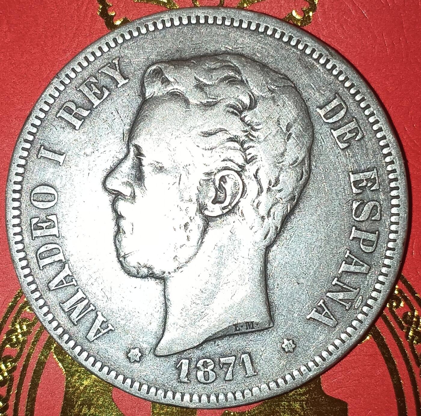 Lot.9-1871年西班牙阿玛迪奥一世5比塞塔双柱银币24.70克