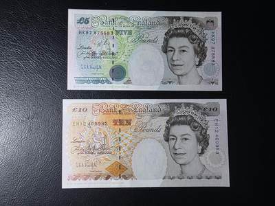 叁拾收藏第35期 - 英国1997年E序列5镑史蒂文森+1993年10镑狄更斯两张一对（尾83一对）  UNC