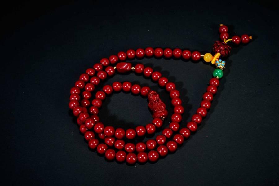 上海都达杂项专场六十八【全场包邮】 天然朱砂0.6圆珠多圈莲花吊坠手串95-258